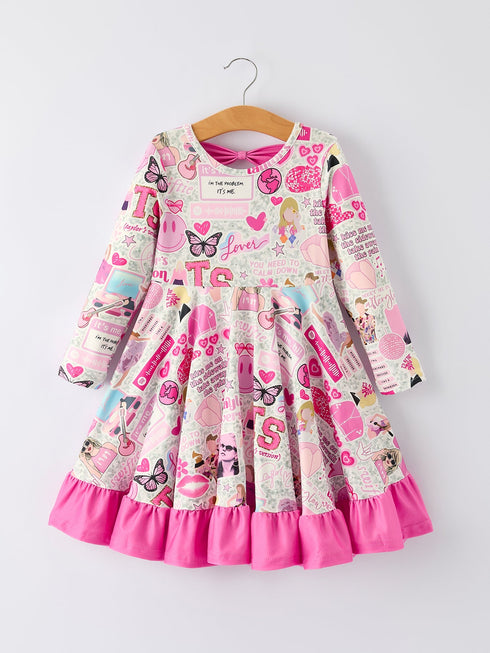pink-ts-print-ruffle-girls-long-sleeve-christmas-dress - Sophia's StyleDress-1