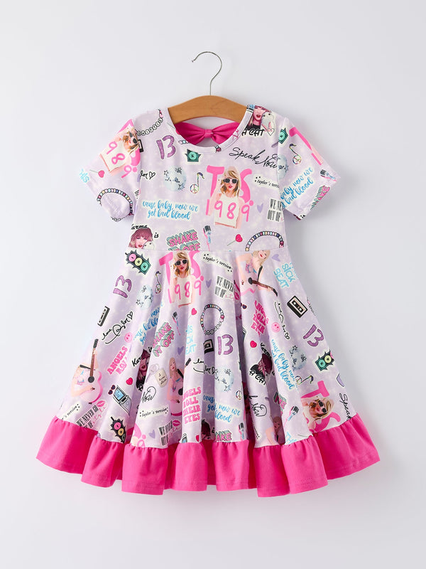 purple-ts-print-ruffle-girls-short-sleeve-christmas-dress - Sophia's StyleDress-1