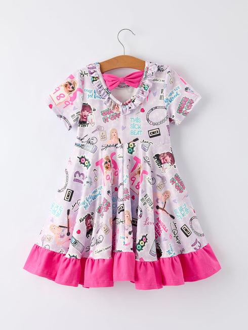 purple-ts-print-ruffle-girls-short-sleeve-christmas-dress - Sophia's Style-2