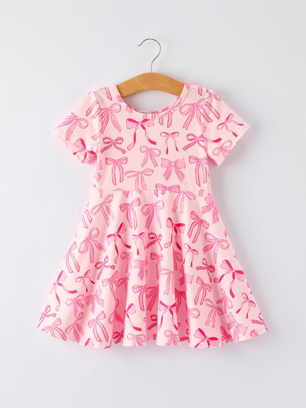girls-pink-dress-with-bow-pattern-cute-short-sleeve-outfit-rylee-faith-designs-Sophia's StyleDress-1