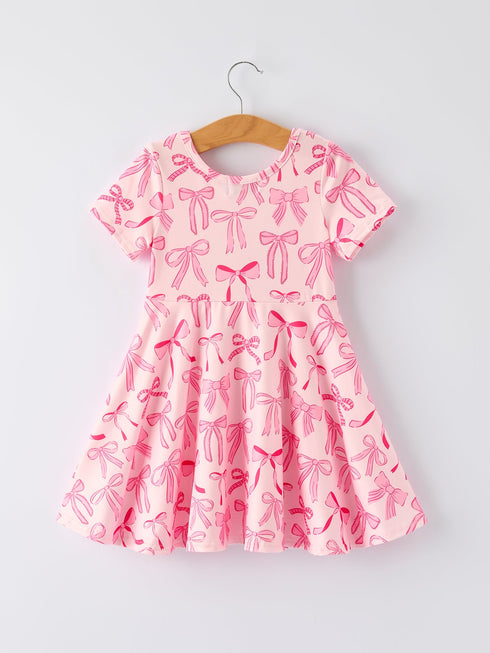 girls-pink-dress-with-bow-pattern-cute-short-sleeve-outfit-rylee-faith-designs-Sophia's Style-2