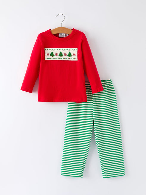 christmas-tree-smocked-embroidery-green-stripe-boy-set - Sophia's StyleOutfit-1
