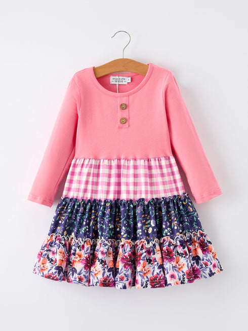 pink-autumn-patchwork-floral-plaid-long-sleeve-girls-dress-Sophia's Style-Dress-1