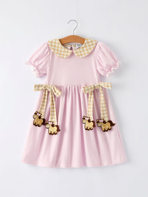 farm-horse-bow-girls-dress-pink-stripes-Sophia's Style--7