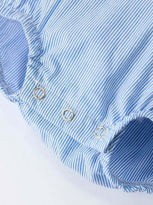 Baby Girls Romper – Blue Striped Smocked Outfit with Short Sleeves