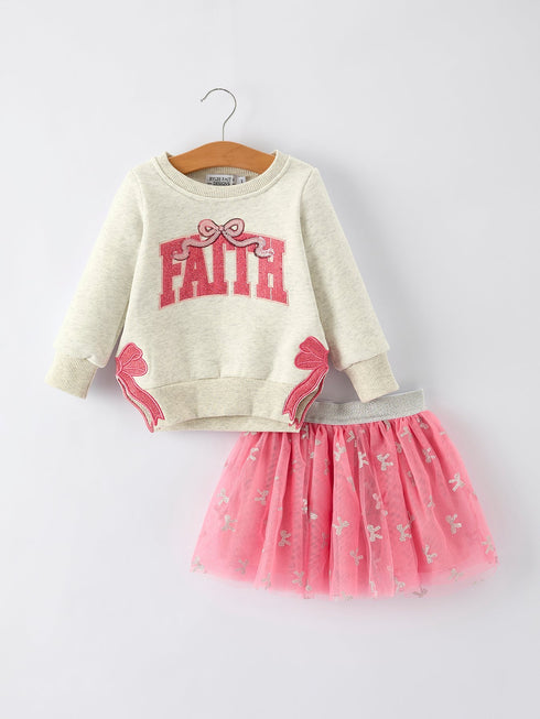 girls-fall-outfit-faith-letter-sweatshirt-and-pink-tulle-skirt-set-Sophia's Style-Outfit-1
