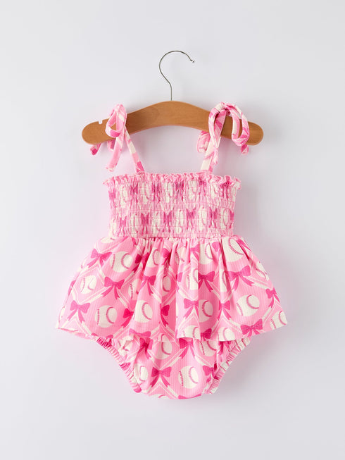 baby-girl-pink-baseball-bow-print-romper-summer-outfit-Sophia's Style-9