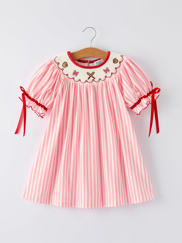 girls-summer-baseball-embroidery-dress-pink-stripe-casual-outfit-Sophia's StyleDress-1