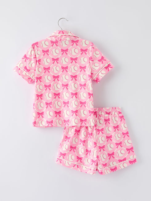 girls-baseball-bow-print-pajama-set-short-sleeve-pink-sophias-style-10