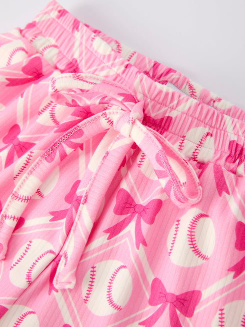 girls-baseball-bow-print-pajama-set-short-sleeve-pink-sophias-style-12