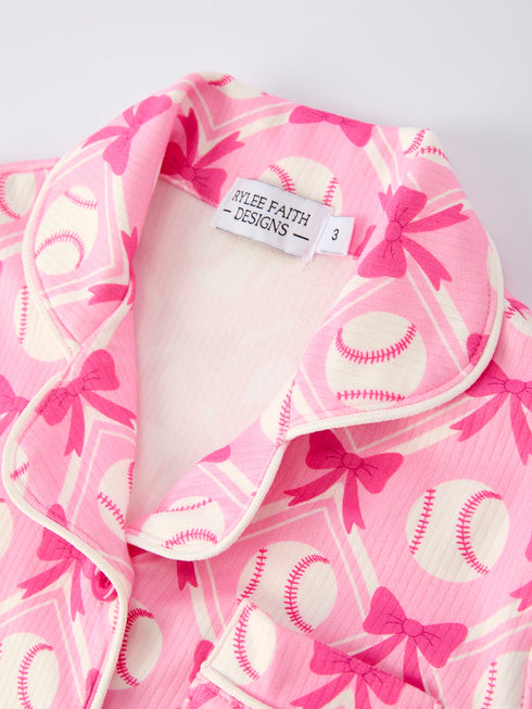 girls-baseball-bow-print-pajama-set-short-sleeve-pink-sophias-style-13