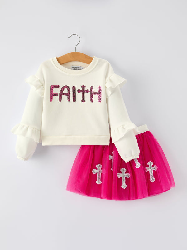 Girls Christian Outfit – Long Sleeve Faith Top & Pink Cross Mesh Skirt