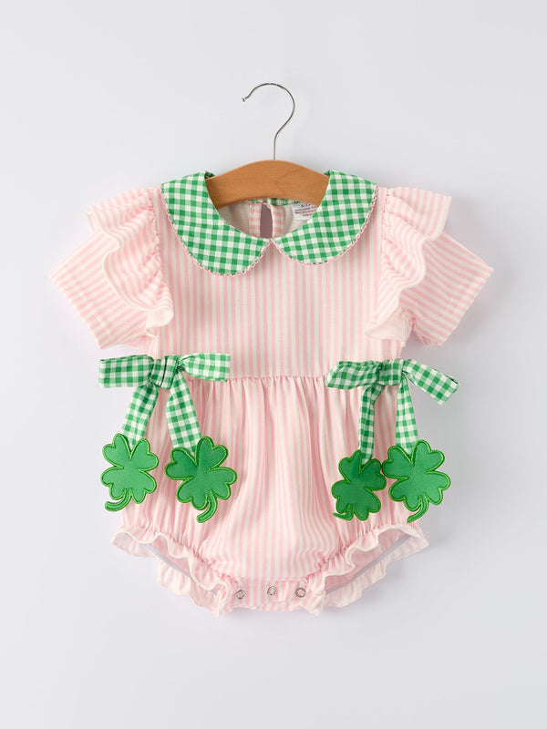 st-patricks-day-shamrock-striped-plaid-baby-girl-romper-Sophia's Style-Romper-1