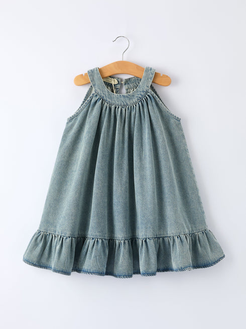 girls-denim-ruffle-trim-a-line-dress-rylee-faith-designs-Sophia's StyleDress-1