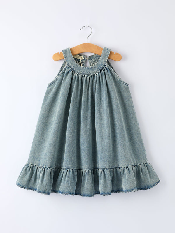 girls-denim-ruffle-trim-a-line-dress-rylee-faith-designs-Sophia's StyleDress-1