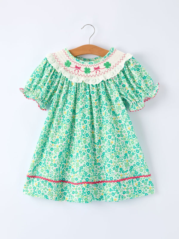 girls-st-patrick-s-day-shamrock-bow-smocked-dress-Sophia's Style-Dress-1