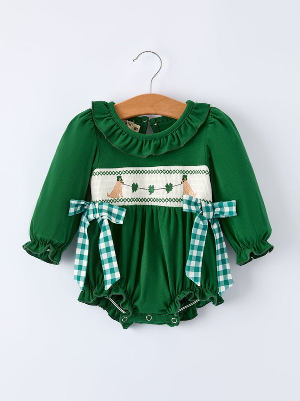 girls-st-patrick-s-day-shamrock-puppy-smocked-romper-Sophia's Style-Romper-1