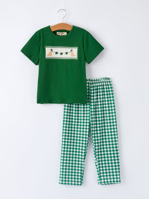 boys-st-patrick-s-day-shamrock-puppy-smocked-plaid-set-Sophia's Style-Outfit-1