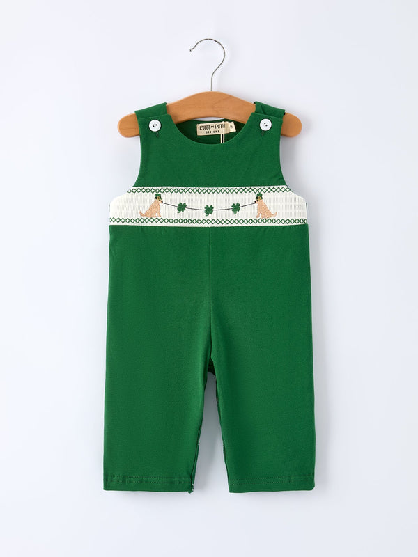 boys-st-patrick-s-day-shamrock-puppy-smocked-romper-Sophia's Style-Romper-1