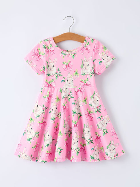 easter-pink-bunny-floral-print-short-sleeve-dress-Sophia's Style-Dress-1