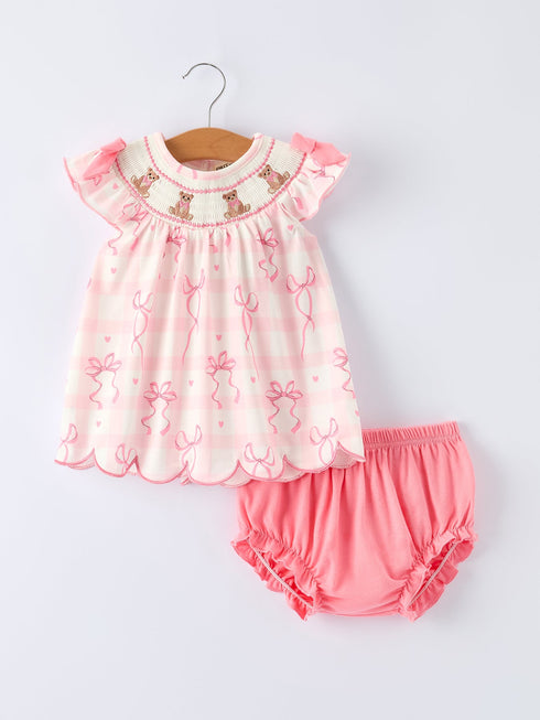 spring-pink-bow-teddy-smocked-embroidery-baby-girls-bloomers-set-Sophia's StyleOutfit-1