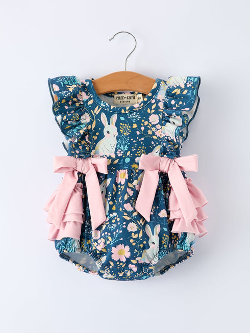 Teal Easter Bunny Garden Ruffle Sleeve Baby Girls Romper