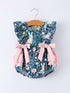 Teal Easter Bunny Garden Ruffle Sleeve Baby Girls Romper