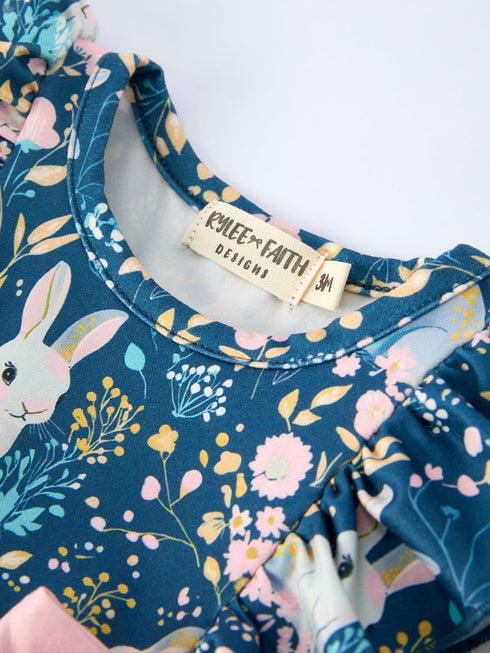 Teal Easter Bunny Garden Ruffle Sleeve Baby Girls Romper