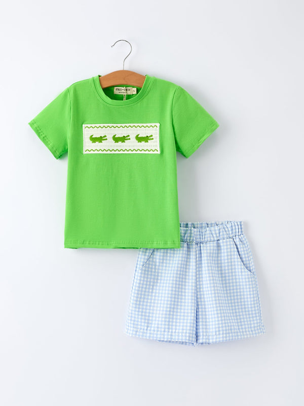 toddler-boys-summer-crocodile-embroidered-plaid-shorts-set-Sophia's StyleOutfit-1