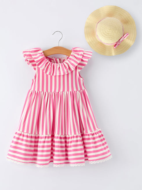 spring-pink-striped-ruffled-girls-dress-with-hat-Sophia's StyleDress-1