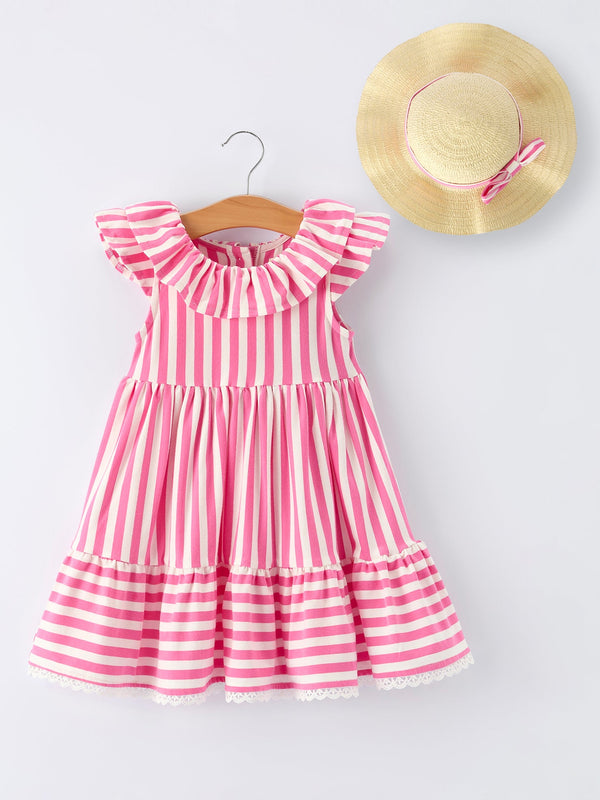 spring-pink-striped-ruffled-girls-dress-with-hat-Sophia's StyleDress-1