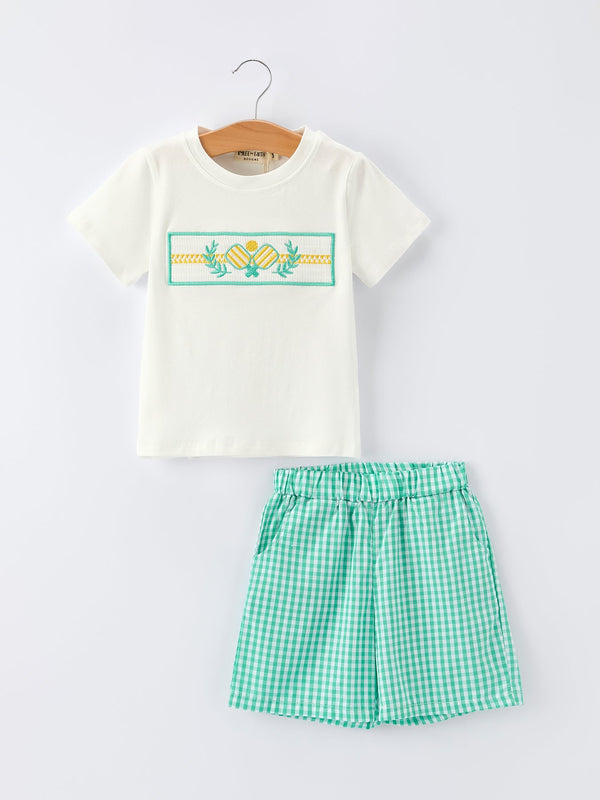 pickle-ball-spring-gingham-embroidered-smocked-green-boys-shorts-set-Sophia's StyleOutfit-1