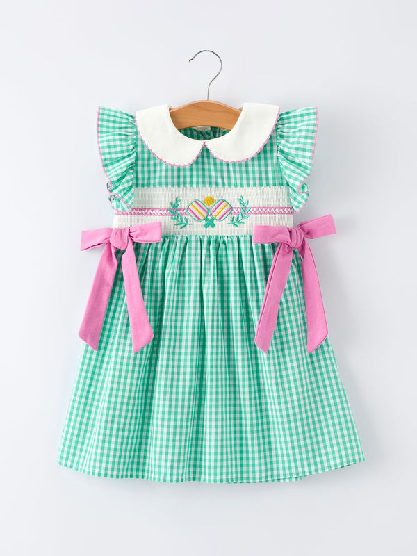 spring-gingham-bow-ruffle-smocked-pickle-ball-girl-dress-Sophia's StyleDress-1