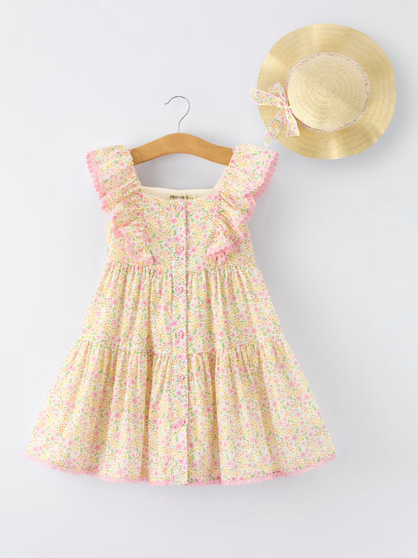 spring-floral-girls-ruffle-dress-with-bow-straw-hat-set-Sophia's StyleDress-1