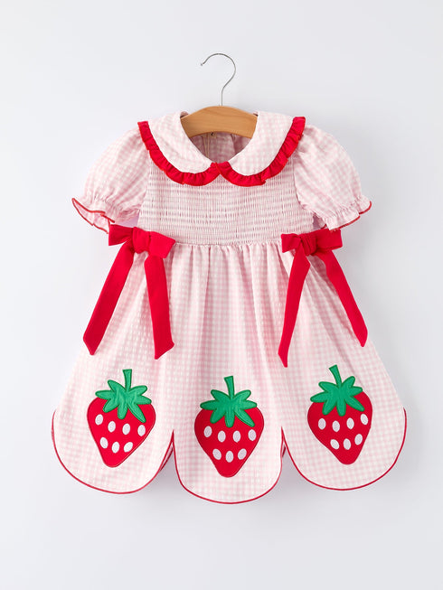 girls-plaid-smocked-strawberry-applique-dress-Sophia's StyleDress-1