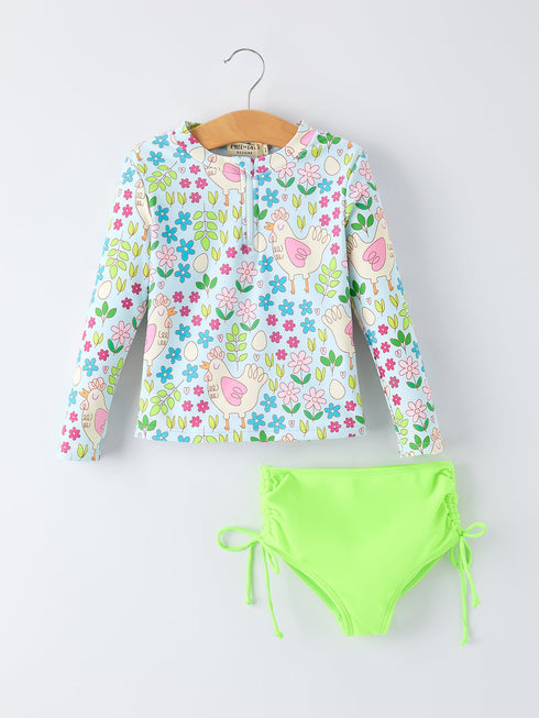 summer-chicken-print-girls-long-sleeve-swim-set-Sophia's StyleSwimsuit-1