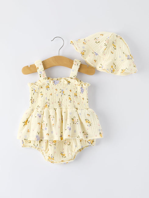 muslin-floral-smocked-baby-romper-with-matching-hat-Sophia's StyleRomper-1