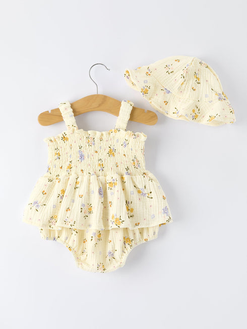 muslin-floral-smocked-baby-romper-with-matching-hat-Sophia's Style-2