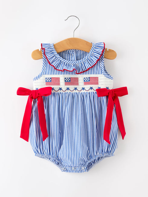 girls-4th-of-july-plaid-romper-bow-smocked-embroidery-sophias-styleRomper-1