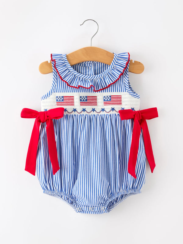 girls-4th-of-july-plaid-romper-bow-smocked-embroidery-sophias-styleRomper-1