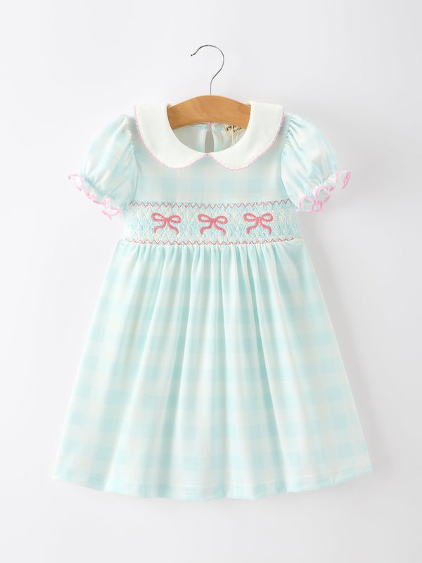 spring-plaid-bow-girls-dress-smocked-petals-collar-puff-sleeve-sophias-styleDress-1