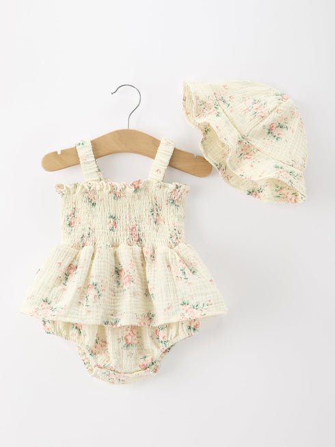 muslin-summer-floral-print-smocked-baby-girl-romper-set-hat-sophias-styleRomper-1