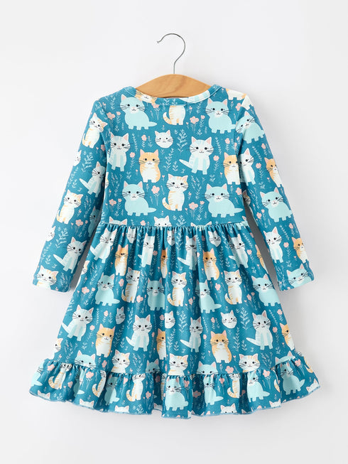 fall-cat-print-girls-long-sleeve-ruffle-hem-dress-sophias-style-2