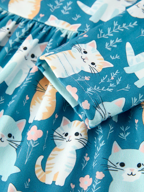 fall-cat-print-girls-long-sleeve-ruffle-hem-dress-sophias-style-4