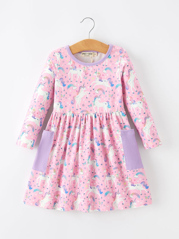 pink-unicorn-girls-pocket-dress-rainbow-star-print-sophias-styleDress-1
