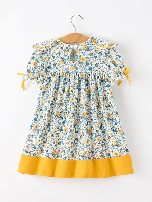floral-girls-dress-peter-pan-collar-yellow-trim-puff-sleeve-dress-sophias-style-2