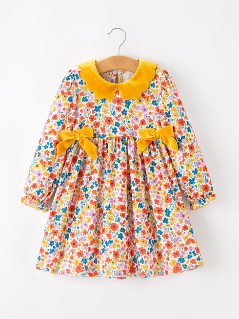 floral-girls-dress-yellow-velvet-collar-bow-puff-sleeve-dress-sophias-styleDress-1