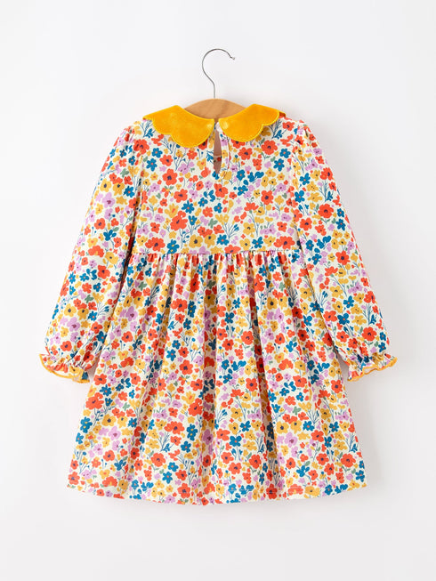 floral-girls-dress-yellow-velvet-collar-bow-puff-sleeve-dress-sophias-style-2