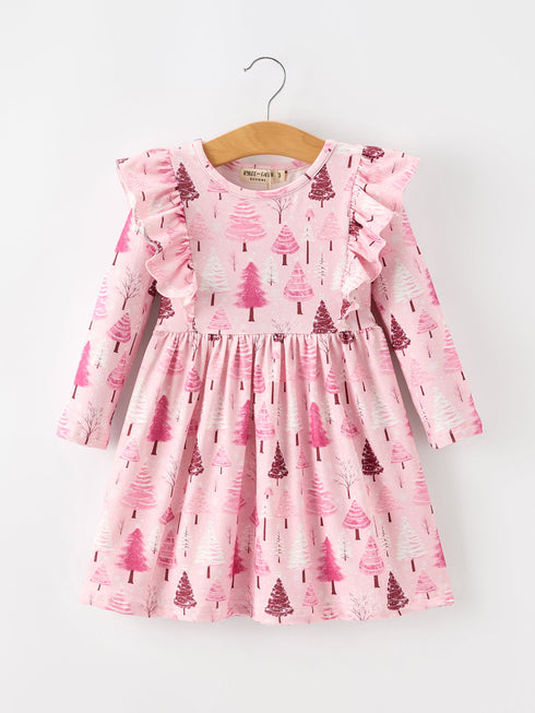 christmas-tree-print-girls-pink-ruffle-long-sleeve-dress-sophias-styleDress-1