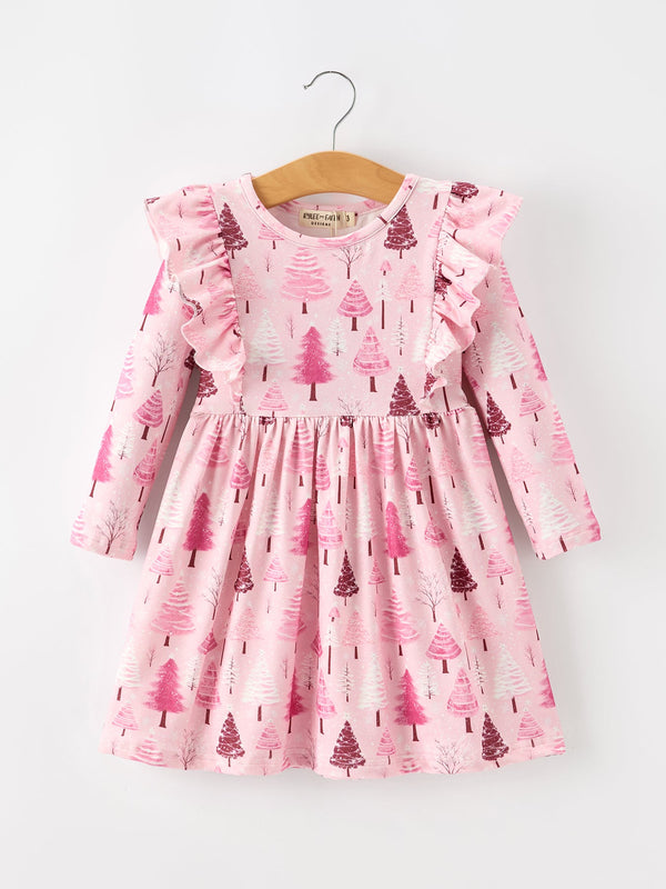christmas-tree-print-girls-pink-ruffle-long-sleeve-dress-sophias-styleDress-1